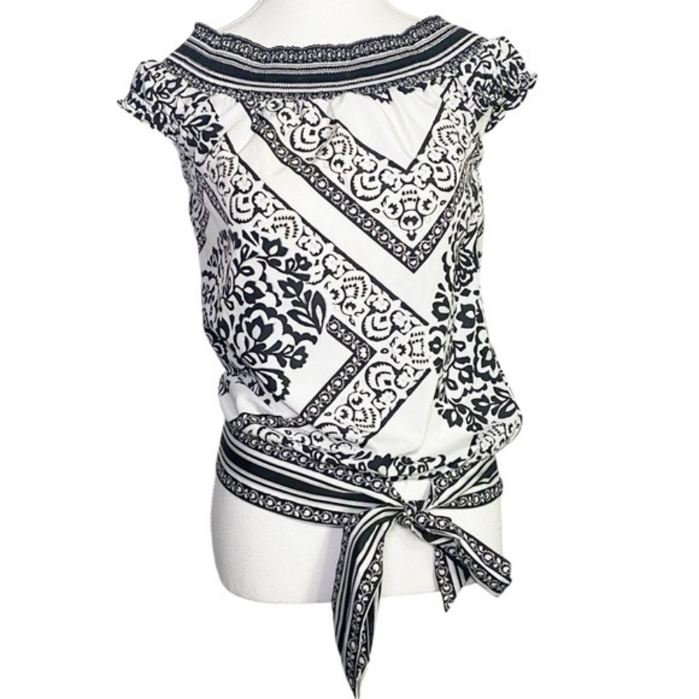 White House Black Market Black and White Paisley Tie Front Blouse - Picture 1 of 12